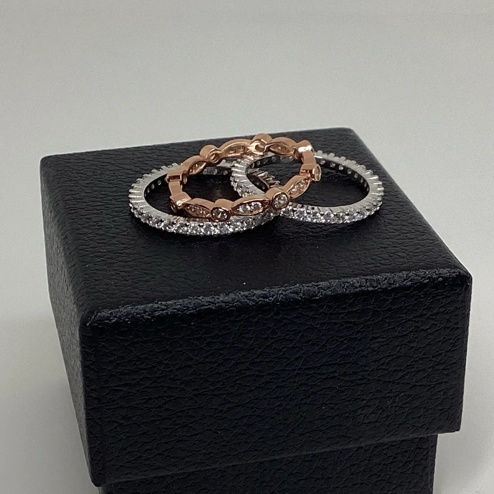 Sizes 4-10, 3 Pc Two Tone .925 Cz Eternity Band Ring Set - Picture 7 of 16